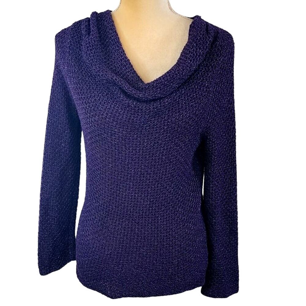 Jones New York Women's Open Knit Purple Metallic Thread Sweater Sheer Medium